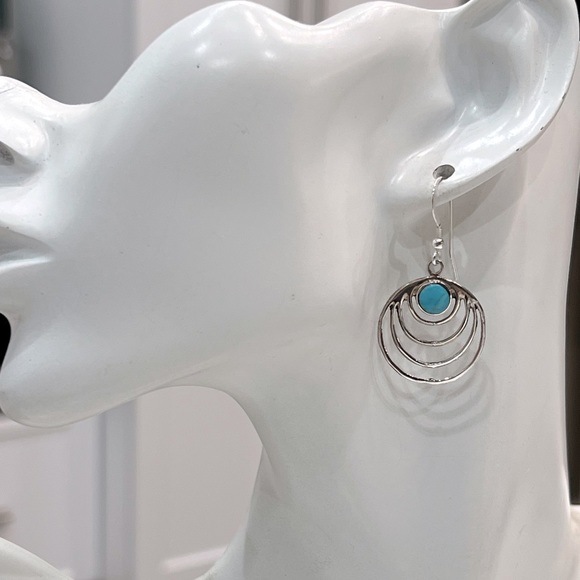 Santa Fe Style Kingman Turquoise Dangling Concentric Circle Earrings - Picture 2 of 8